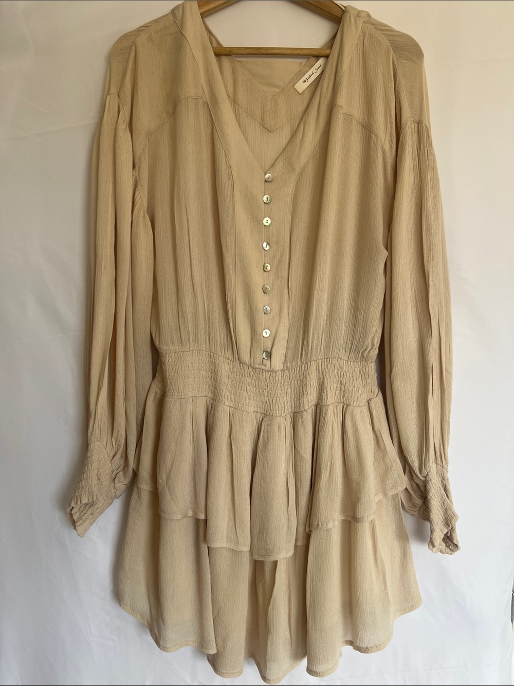 Mustard Seed Cream Button-Front Long Sleeve Tiered Dress